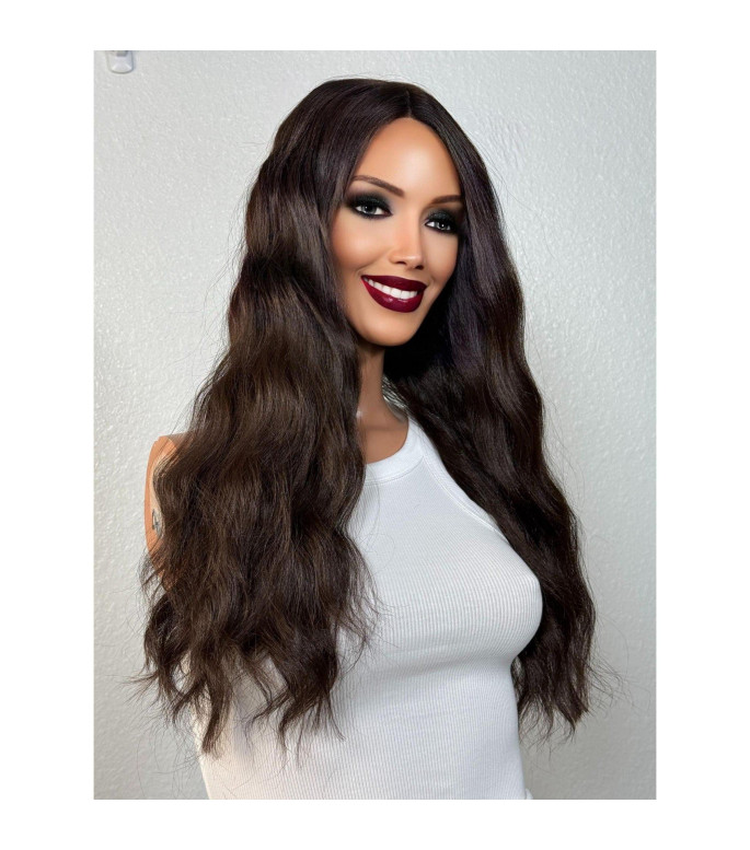 Dark Chocolate Brunette Brown Human Hair Blend Wig, Soft Dominican Textured Wide Crimp