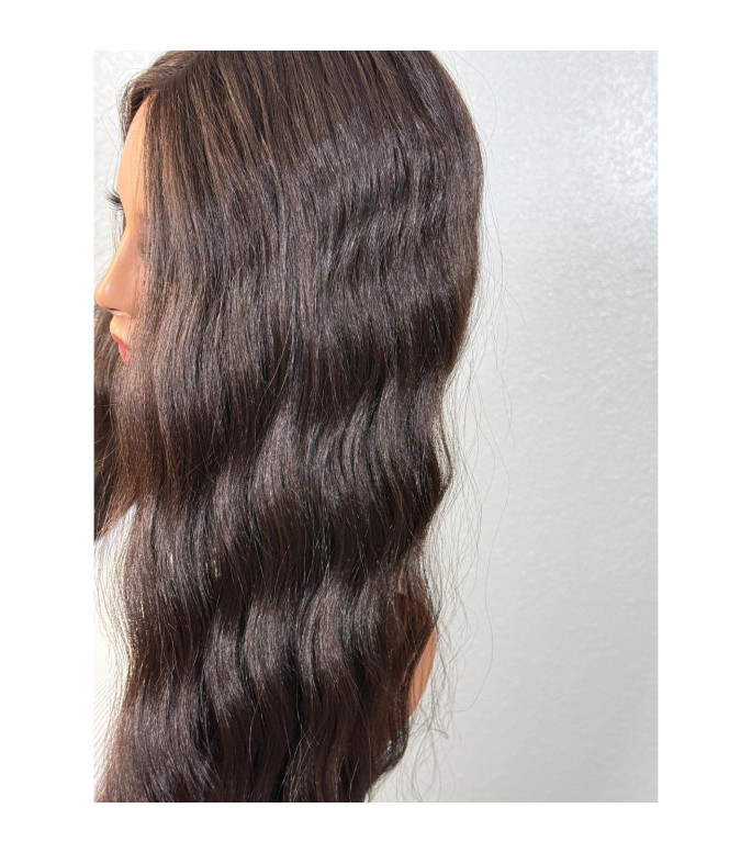 Dark Chocolate Brunette Brown Human Hair Blend Wig, Soft Dominican Textured Wide Crimp