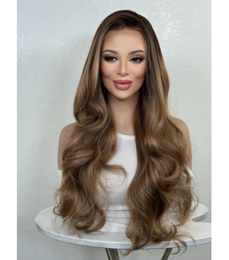 Toffee Brown Human Hair Blend Vanilla Blonde Highlights Layered Loose Curls Wig | HD