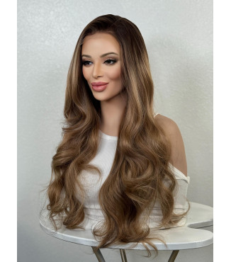 Toffee Brown Human Hair Blend Vanilla Blonde Highlights Layered Loose Curls Wig | HD