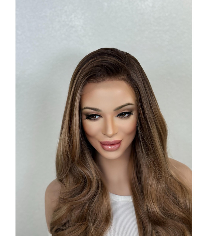 Toffee Brown Human Hair Blend Vanilla Blonde Highlights Layered Loose Curls Wig | HD