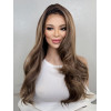 Mocha Chocolate Brown 100% Human Hair Wig, Cool Blonde Highlights, Long Flowy Loose Curls Wig