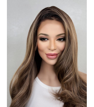 Mocha Chocolate Brown 100% Human Hair Wig, Cool Blonde Highlights, Long Flowy Loose Curls Wig