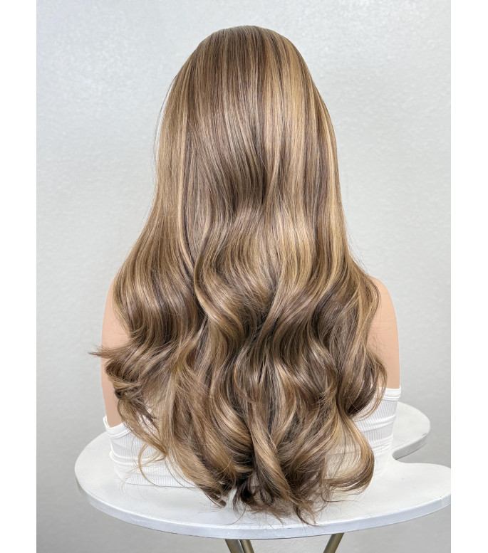 Mocha Chocolate Brown 100% Human Hair Wig, Cool Blonde Highlights, Long Flowy Loose Curls Wig