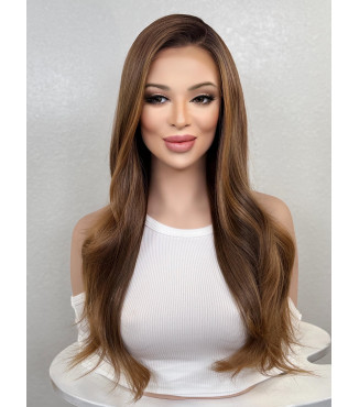 Brunette Caramel Brown Dimensional Honey Blonde Balayage Wavy Wig, Ombre HD Invisible