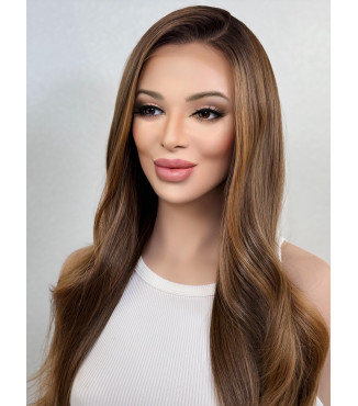 Brunette Caramel Brown Dimensional Honey Blonde Balayage Wavy Wig, Ombre HD Invisible