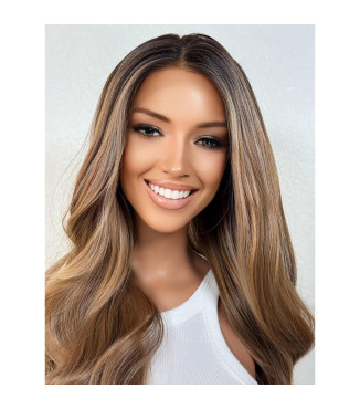 Brown Hair Caramel Human Hair Blend Blonde Wig | Multi-Dimensional Balayage Wavy Wig | HD