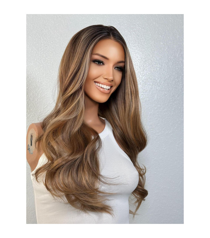 Brown Hair Caramel Human Hair Blend Blonde Wig | Multi-Dimensional Balayage Wavy Wig | HD