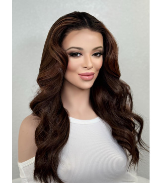 Brunette Brown Ginger Spice Balayage Human Hair Blend Wavy Lace Frontal Wig
