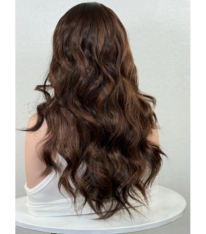 Brunette Brown Ginger Spice Balayage Human Hair Blend Wavy Lace Frontal Wig