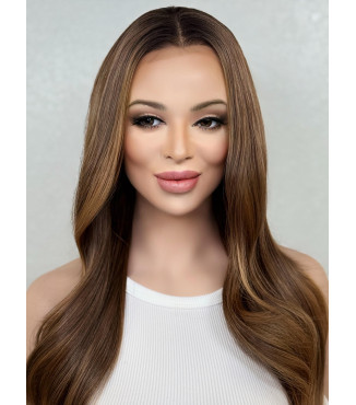 Caramel Crunch Brown Balayage Human Hair Blend Lace Front Wig, HD Premium Invisible Lace