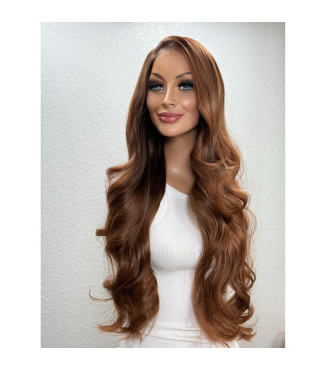 Cowboy Copper Brown Balayage Human Hair Blend Lace Front Wig, Warm Ginger Blonde Root