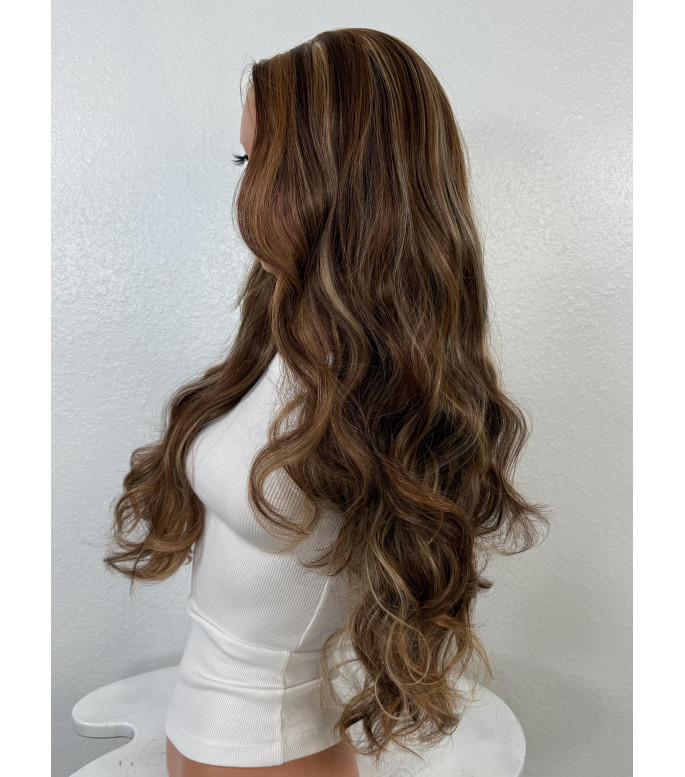 Mocha Brown Spiced Vanilla Blonde Human Hair Blend  Wig, Balayage Loose Curls Premium HD