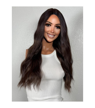 Dark Espresso Brown Lace Front Human Hair Blend Wig, Auburn Lowlights Wavy Lace Wig