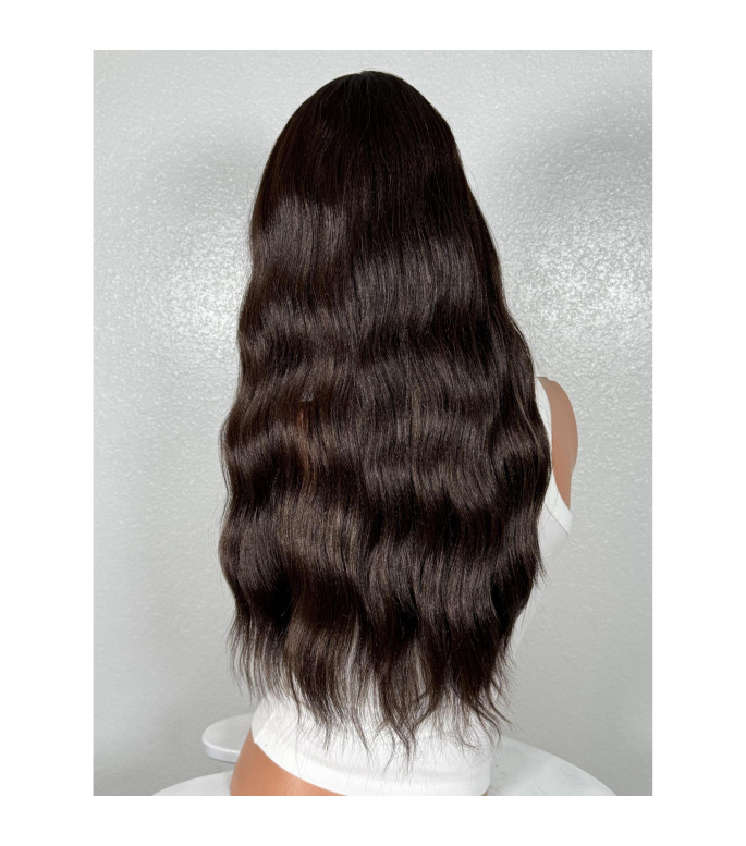 Dark Espresso Brown Lace Front Human Hair Blend Wig, Auburn Lowlights Wavy Lace Wig