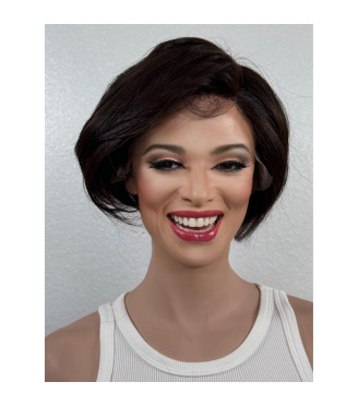 Brown Human Hair Blend Wig, Short Stacked Bob Lace Front Wig
