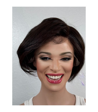 Brown Human Hair Blend Wig, Short Stacked Bob Lace Front Wig