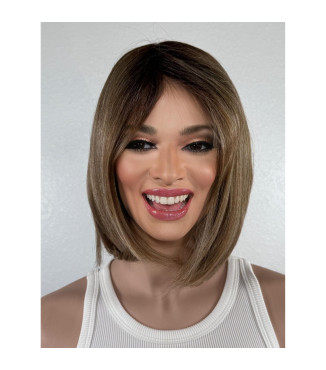 Warm Sandy Brown Human Hair Blend Wig, Short Bob Wig with Sunkissed Golden Blonde