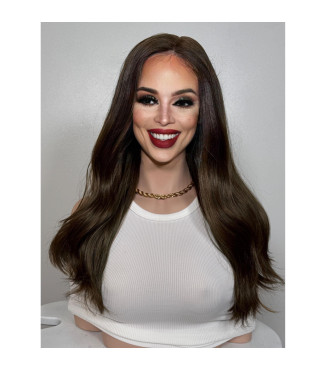 Natural Earthy Brown Human Hair Blend Lace Front Wig, Soft Wavy Infused w/ Hints of