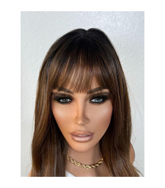 Brown Blonde Human Hair Blend Wig with Bangs, No Lace Full Basic Style Beginner Wig for