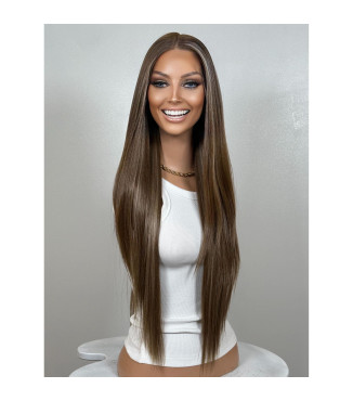 Downtown Brown Beige Blonde Balayage Highlights Human Hair Blend Wig, Long Straight Wig