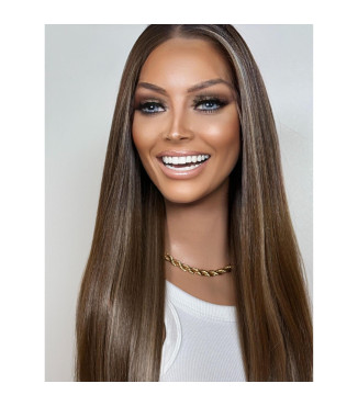 Downtown Brown Beige Blonde Balayage Highlights Human Hair Blend Wig, Long Straight Wig