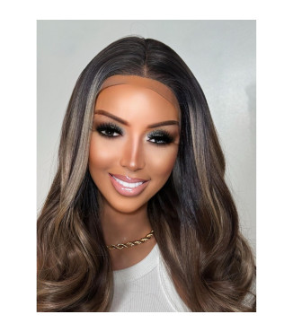Chocolate Pecan Brown Human Hair Blend Praline Swirl Rooty Blonde Balayage Wavy Wig /