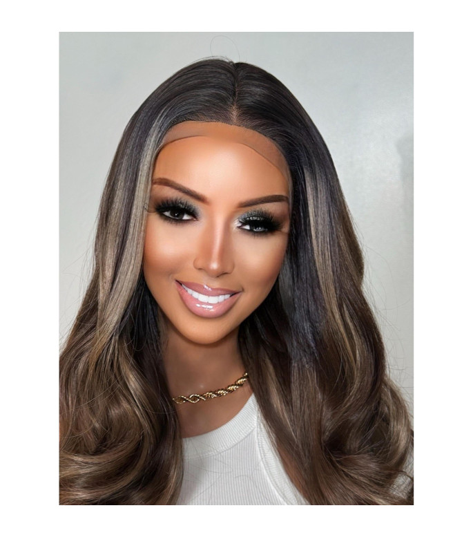 Chocolate Pecan Brown Human Hair Blend Praline Swirl Rooty Blonde Balayage Wavy Wig /