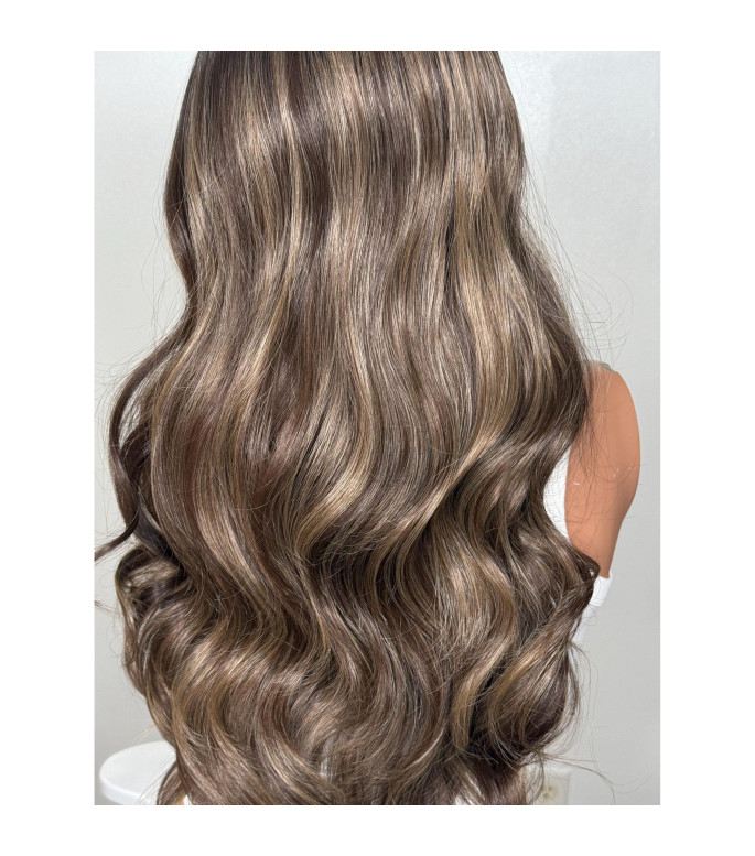 Chocolate Pecan Brown Human Hair Blend Praline Swirl Rooty Blonde Balayage Wavy Wig /