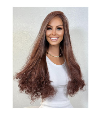 Mahogany Brown Strait Thick Curly Free Part Human Hair Blend Lace Wig