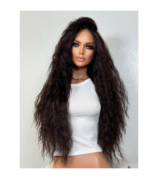28 inch Dark Brown Wavy Human Hair Blend Lace Wig