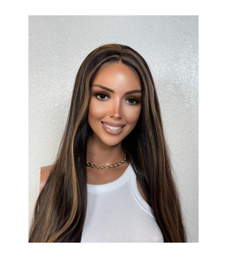 Dark Brown Chunky Warm Golden Blonde Human Hair Blend Highlights Top Lace Wig, 13x3 HD