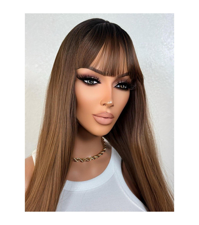 Warm Ginger Brown Human Hair Blend Wig, Natural Rooting Wig, Full Fringe Bangs Long