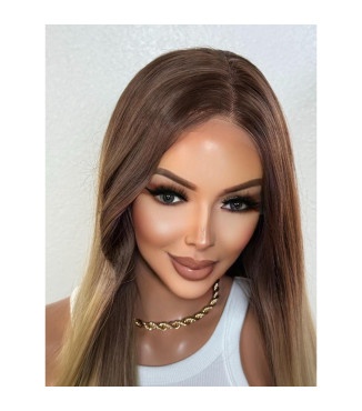 Malibu Toasty Blonde Balayage Human Hair Blend Lace Frontal Wig, Mocha Brown Ombr