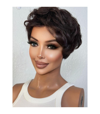 Curly Chocolate Brown Pixie Cut Human Hair Blend Wig, Brown Short Pixie Haircut Wig
