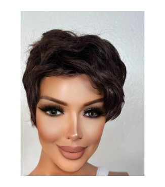Curly Chocolate Brown Pixie Cut Human Hair Blend Wig, Brown Short Pixie Haircut Wig