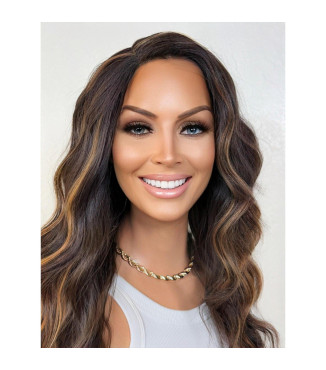 Rich Chocolate Brown Human Hair Blend Wig, Waves Soft Flowing Caramel Ribbon Highlights