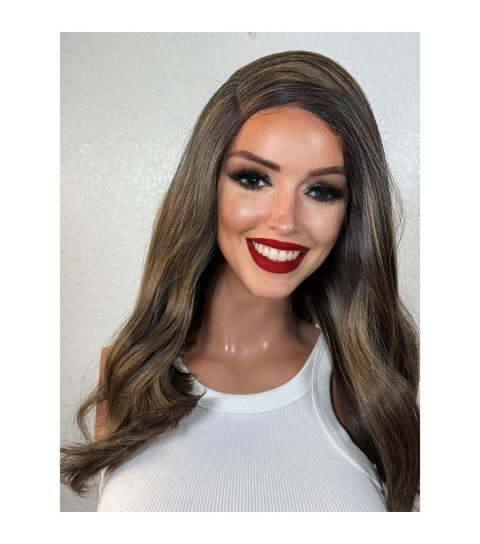 Earthy Toffee Brown Human Hair Blend Wig, Sleek Straight Layers Wig, Soft Demure Waves