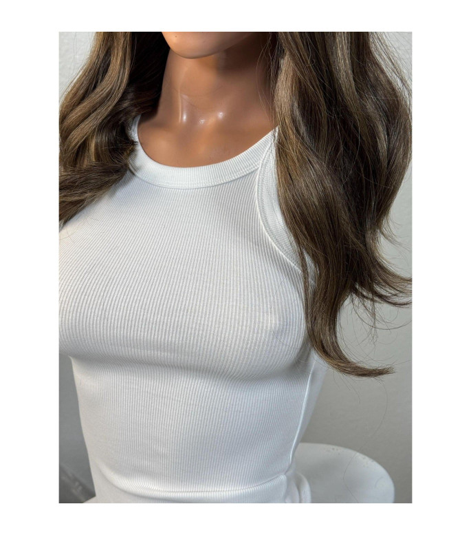 Earthy Toffee Brown Human Hair Blend Wig, Sleek Straight Layers Wig, Soft Demure Waves