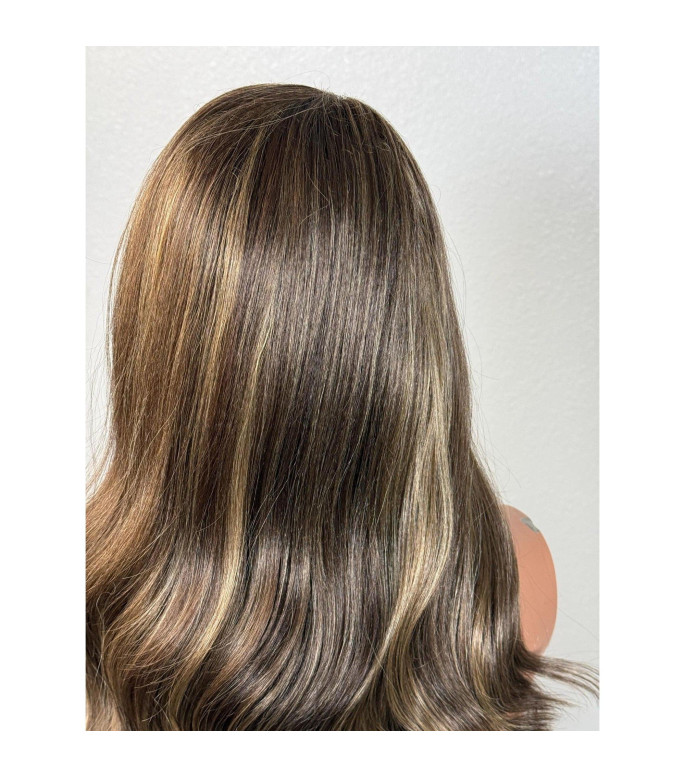 Earthy Toffee Brown Human Hair Blend Wig, Sleek Straight Layers Wig, Soft Demure Waves