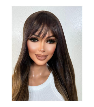Sandy Ash Brown Human Hair Blend Wig, Balayage Highlights Dark Brunette Brown Hair Soft