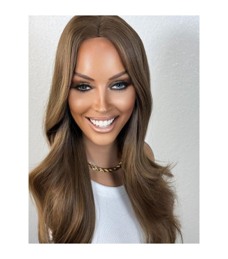Ash Brown Human Hair Blend Wig, Warm Undertones Layered Soft Waves Wig, Full Stretch Wig