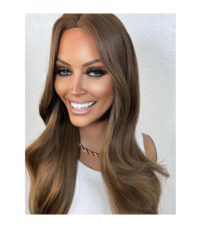 Ash Brown Human Hair Blend Wig, Warm Undertones Layered Soft Waves Wig, Full Stretch Wig