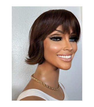 Dark Brown Wig, Mixed Choco Lowlights Short Bob Human Hair Wig, Short Length Bob Wig