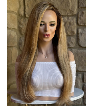 Warm Buttery Blonde, Chestnut Brown Highlights Human Hair Lace Top Wig