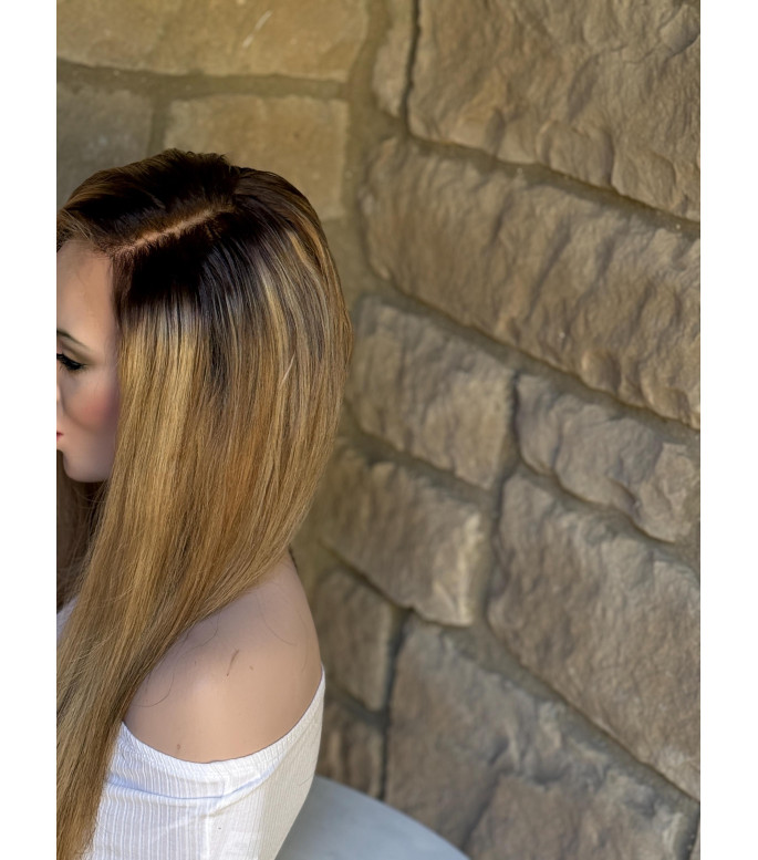 Warm Buttery Blonde, Chestnut Brown Highlights Human Hair Lace Top Wig