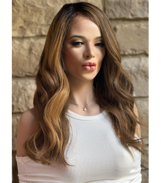 Teddy Bear Brown 100% Human Hair Wig | Medium Golden Copper Blonde Balayage Highlights |