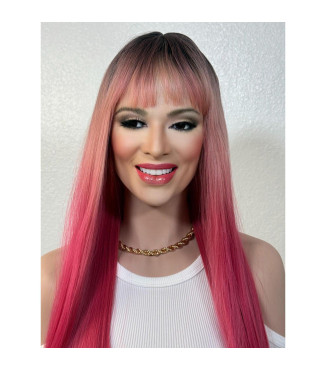 Pink Rooty Balayage Wig, Fuchsia Ombr Long Straight Wig with Full Fringe Bangs, Two Tone