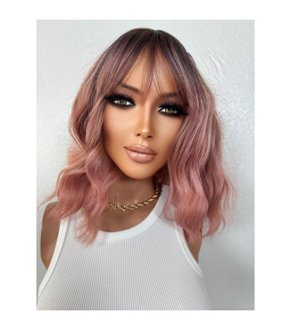 Short Pink Ombr Root Wavy Bob Wig, Choppy Fringe Bangs Full Stretch No Lace Hair Wig