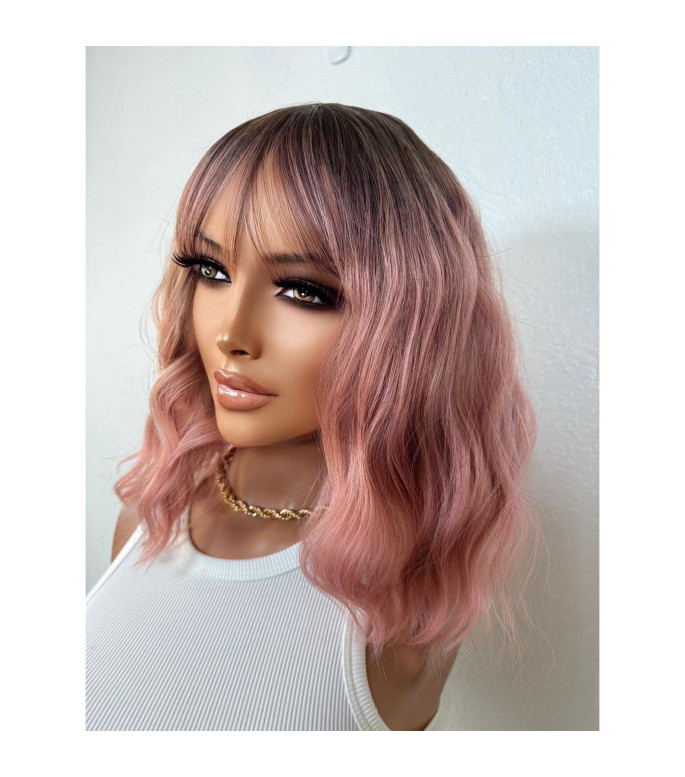 Short Pink Ombr Root Wavy Bob Wig, Choppy Fringe Bangs Full Stretch No Lace Hair Wig